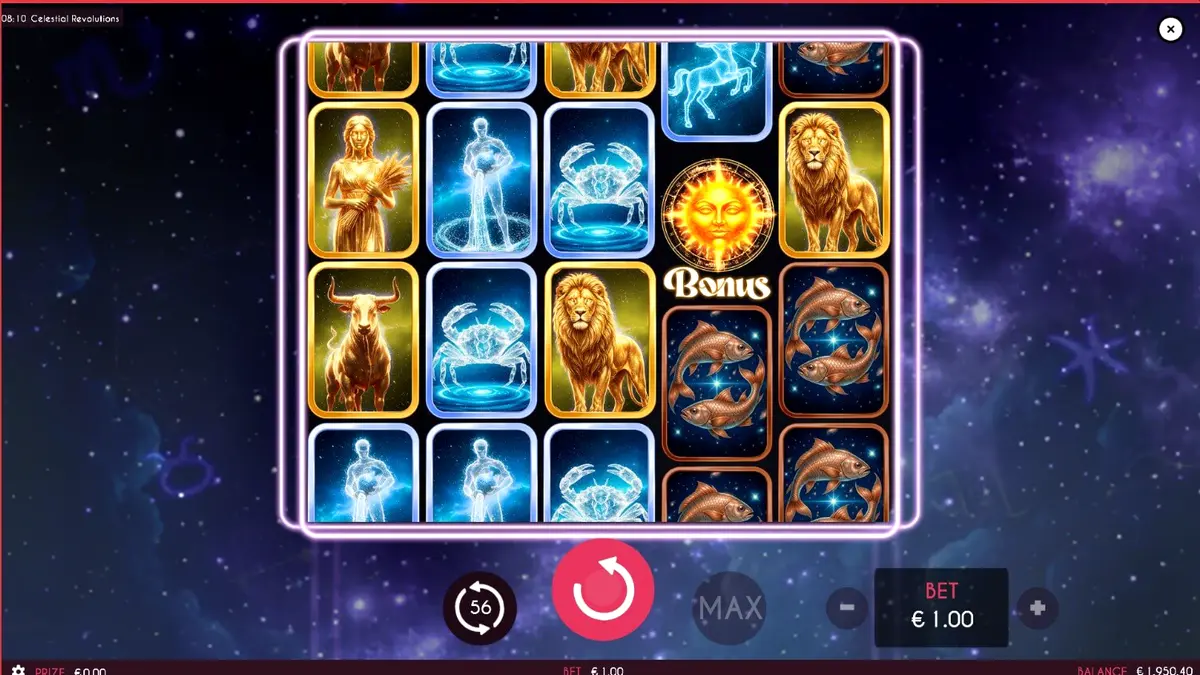 Tampilan visual slot Celestial Revolutions dengan latar belakang kosmik dan simbol zodiak