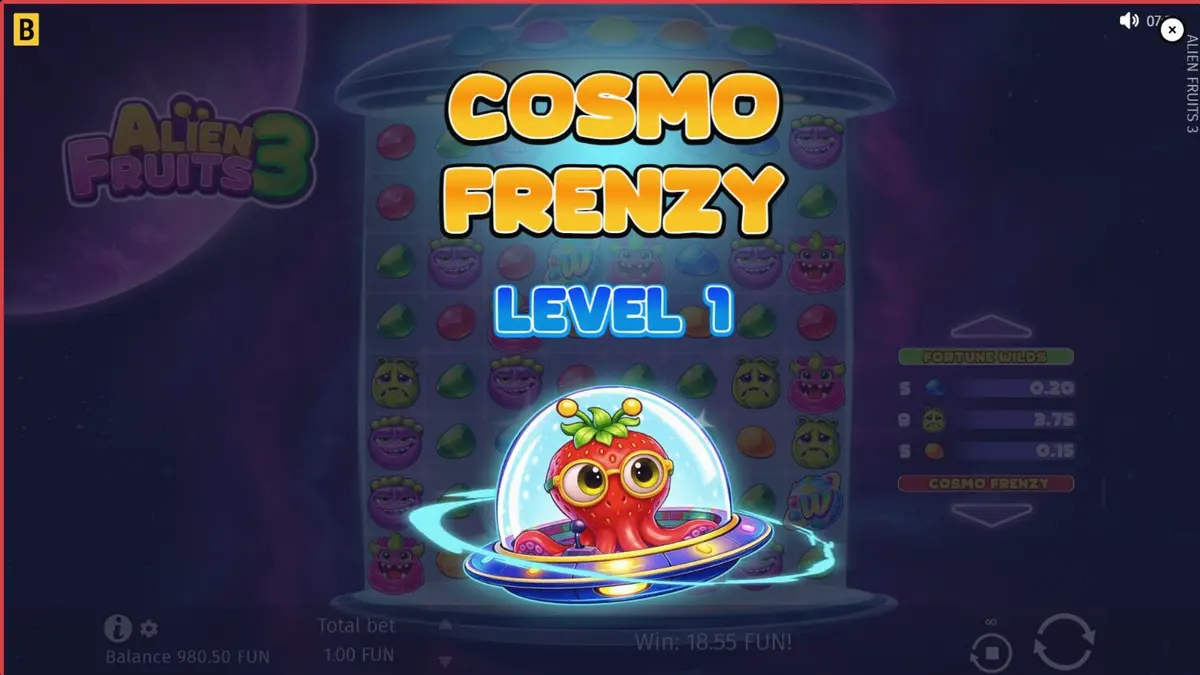 Tampilan visual slot Alien Fruits 3 dengan tema luar angkasa neon